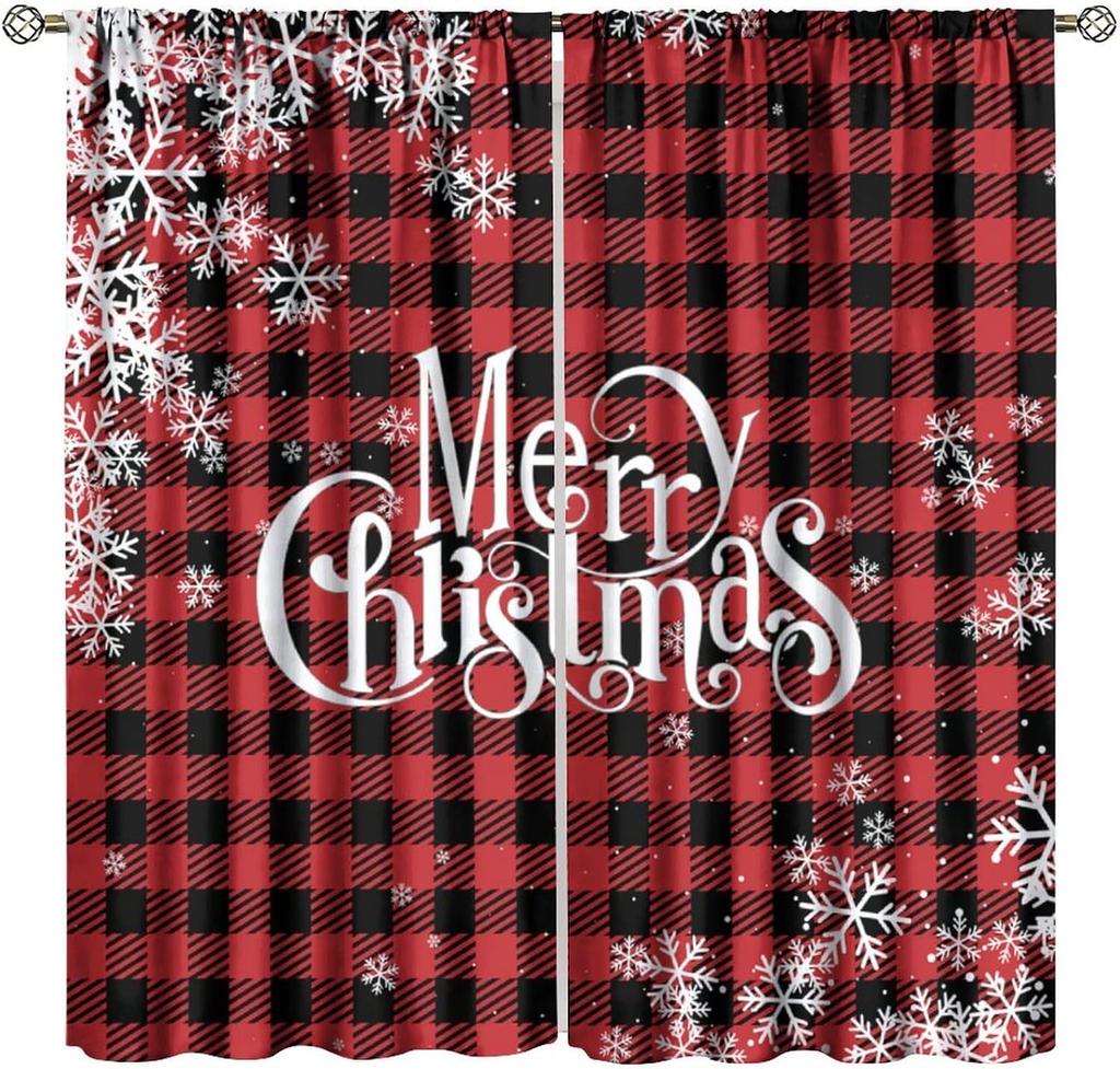 Merry Christmas Winter Snowman Curtain Xmas Tree Snowflake Holiday Curtains Bedroom Living Room Bathroom Red Polyester Sitting Window Treatment