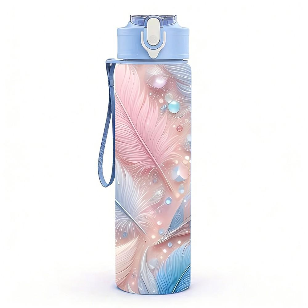 1PC Soft Pastel Feather Art Pattern 750ml Color Plastic Sports Water Bottle Leakproof Flip Straw Lid Suitable for Sports Office Home Use
