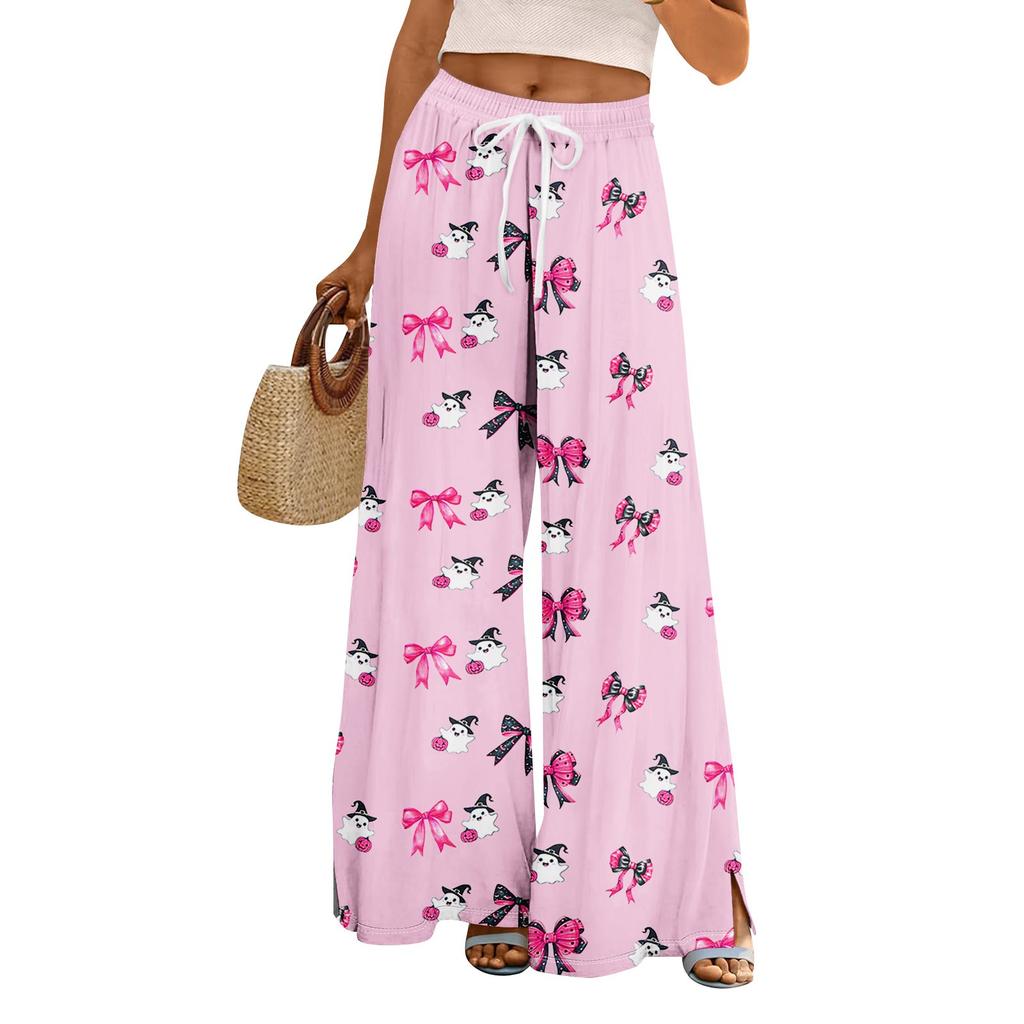 Damen Sommer Boho Palazzo Hose Hohe Taille Weites Bein Halloween Druck Lässige Hose mit Taschen