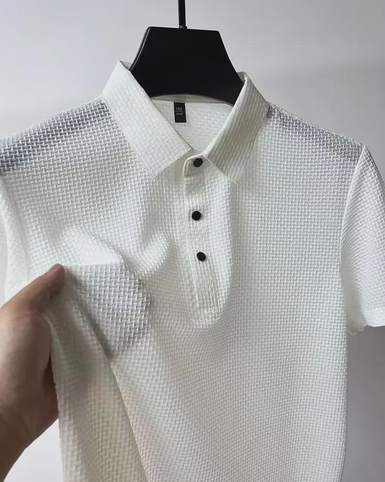 Men's Luxury Solid Color Jacquard Polo Shirt - Short-Sleeved, Light Business Casual, European Ice Silk.
