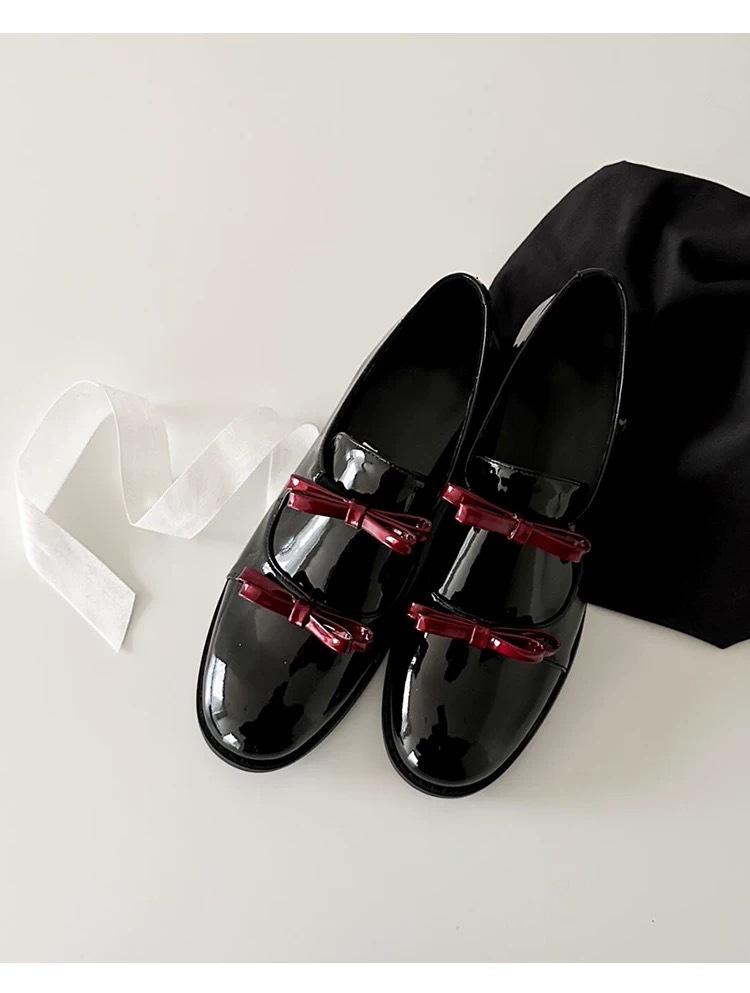 Retro Leather Double Bow Small Leather Shoes Women's 2025 Spring New Thick Heel Round Head Loafers Mary Jane Single Shoes
