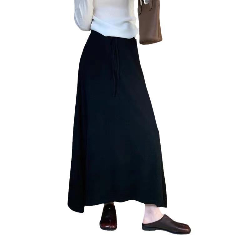 Autumn and winter new solid color minimalist elegant knit midi skirt for women, elastic waist pleated umbrella skirt, knitted long skirt for women
