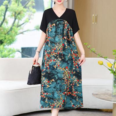 Elegantes langes Kleid für Damen in Übergröße, lässig, locker, kurzärmelig, Vintage-Kleid für Damen, Sommerkleidung