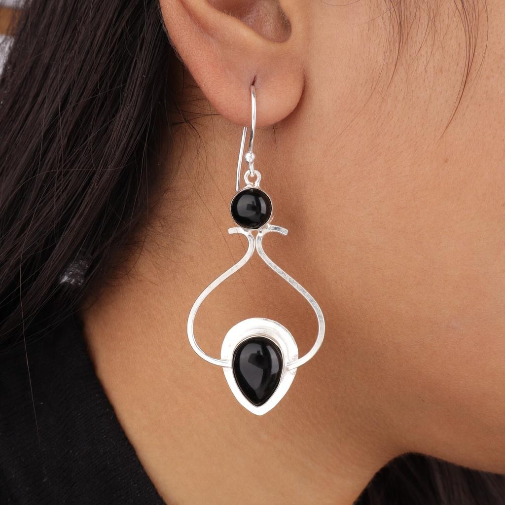 Natürlicher Schwarzer Turmalin Edelstein 925 Sterlingsilber Handgefertigte Ohrringe 2,07" EE-170-23