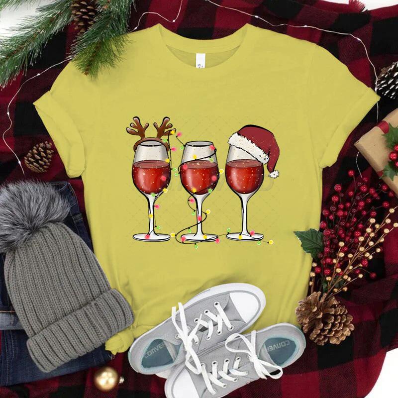 Women Wine Glass Christmas Hats T Shirt Lights Xmas Gifts Cartoon Top Happy New Year Tshirt Harajuku Fashion Womens Clothing