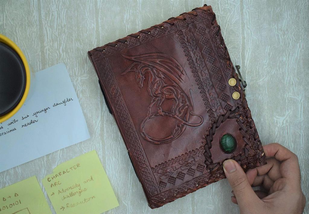 OVERDOSE Dragon Embossed Leather Journal Handmade Antique Stone Journal Student Unisex Diary Leather Sketchbook Drawing Journal Notebook 6 x 8 inches