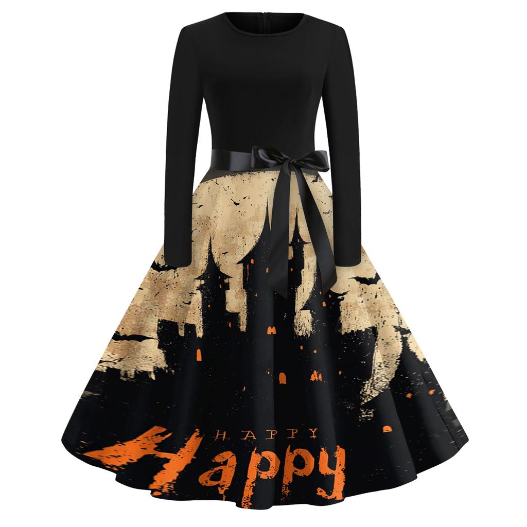 Women's Casual Vintage Halloween Print Dress Long Sleeve Round Neck Retro Swing Skater Dress with Waist Tie for Fall and Winter