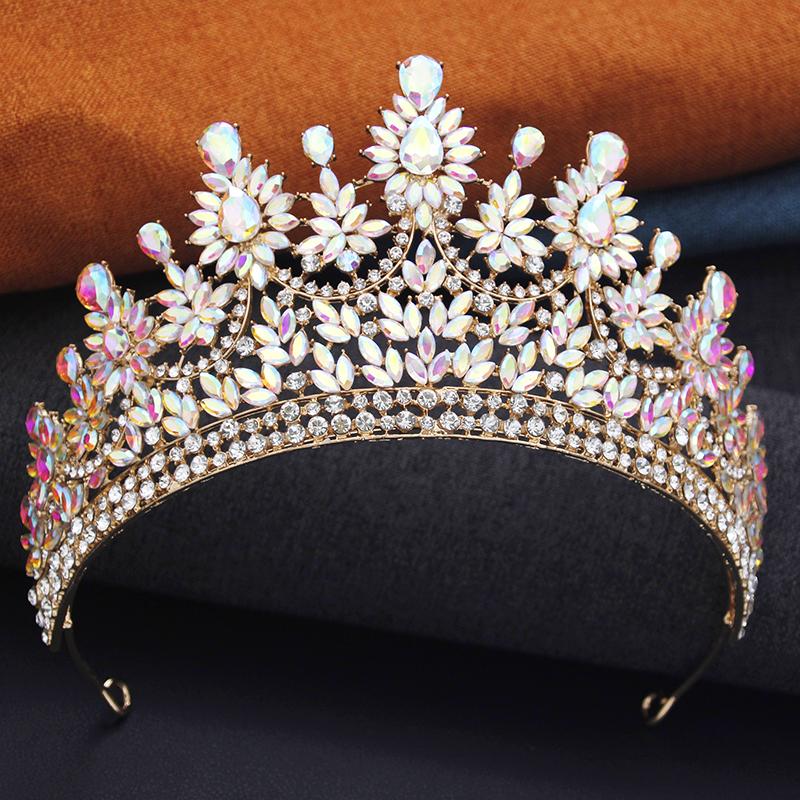 Elegant High Opal Pink Crown Royal Queen Tiaras and Crowns Wedding Hair Jewelry Party Prom Diadem Pageant Headdress Bridal
