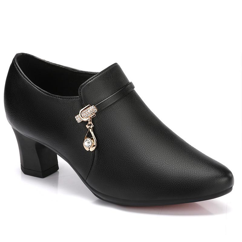 Autumn Comfortable Fashion Deep Mouth Soft Leather Shoes Women's Platform Pumps Office Fall Med Block Heels Shoes