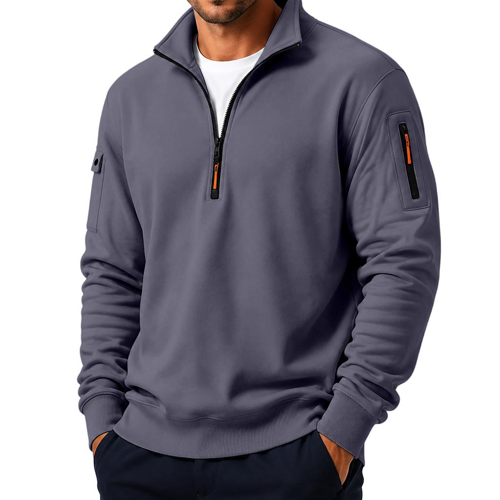 Men's Casual Quarter-Zip Sweatshirt with Stand Collar, Loose Fit and Multiple Pockets for Fall and Winter