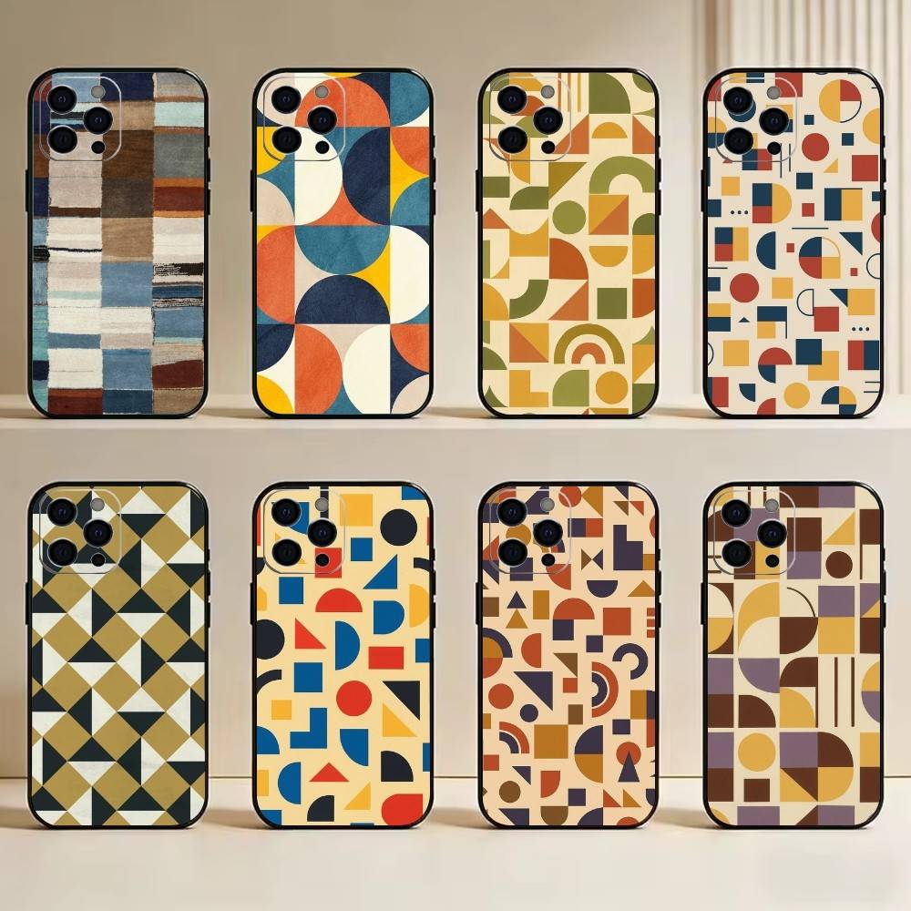 Vintage Geometric Block Phone Case For iPhone 17,16,15,14,13,12,11 Plus,Pro Max,XS,Soft Silicone Black Cover