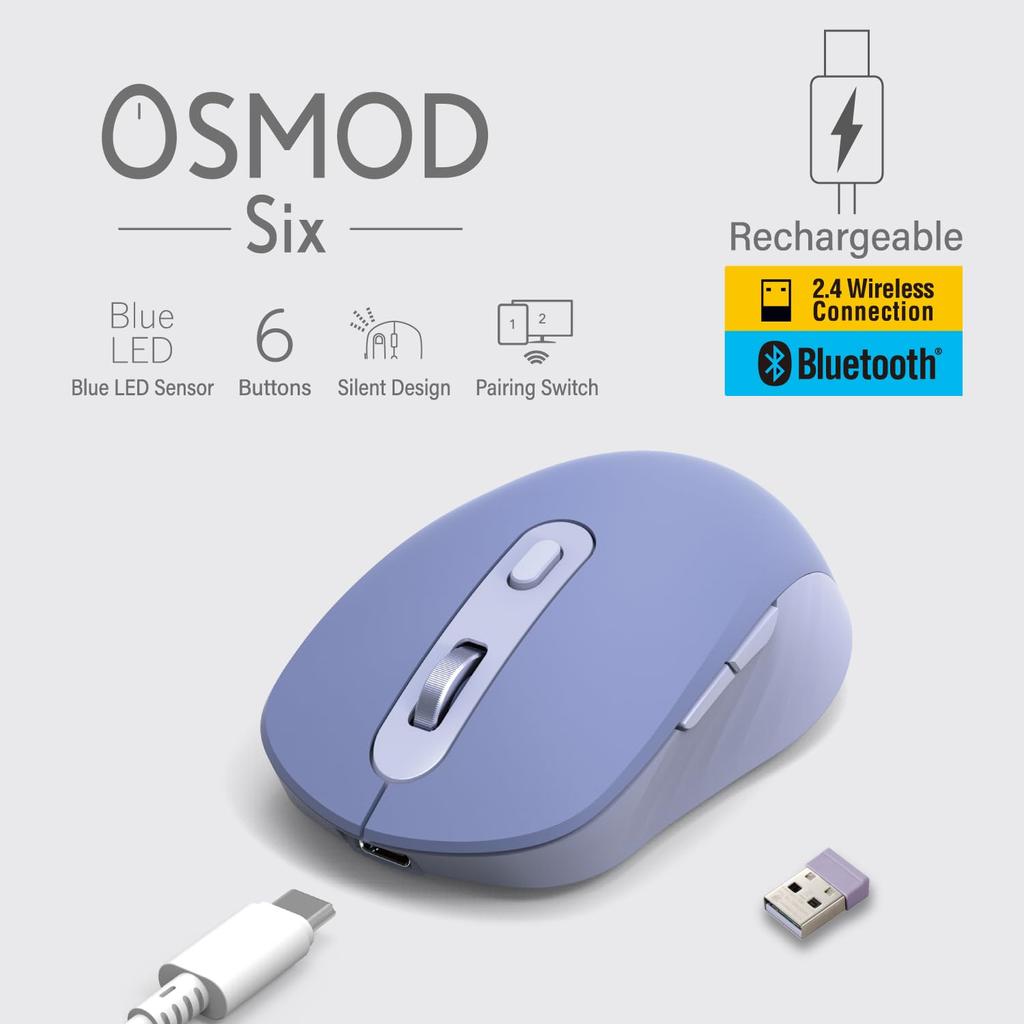 ELECOM Wireless OSMOD 6 Mouse, Quiet, Rechargeable, Six, Bluetooth, 2.4GHz, 2-Device Connection, Multi-Pairing, Buttons, Blue, M-MY35MBSBU-G