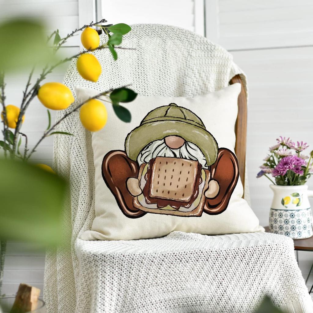 AVOIN colorlife Happy Camper Camping Life Throw Pillow Covers 18x18 Set of 4, Gnome S'More Campfire Decoration for Sofa Couch