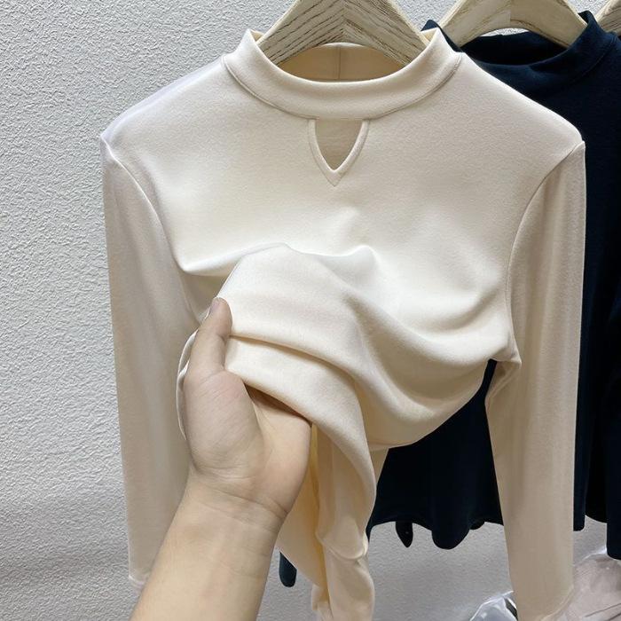 Semi-turtleneck Bottoming Shirt Women's Long-sleeved Autumn and Winter New Hollow-out Inner Velvet Thickened Top
