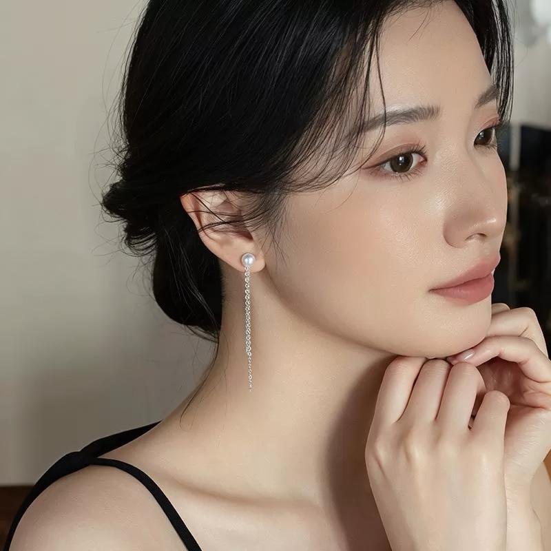 S925 Full Body Silver Earrings Tassel Removable Earrings Women's Natural Freshwater Pearl Stud Earrings Light Luxury Ins Earrings