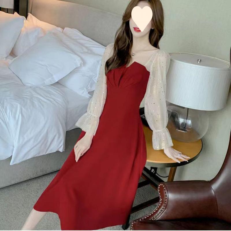 Premium Temperament Red Dress Women's Spring and Autumn Toasting Clothes Bridal Engagement Dress Return Casual Clothes