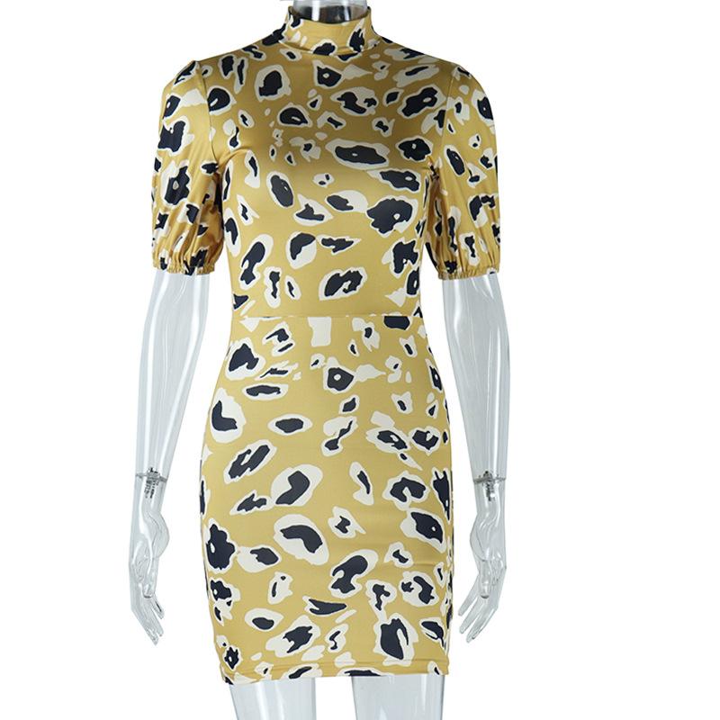 Women's Fashion Sheath Dress Printed Lantern Sleeve Dress Shoulder Pad Midwaist Street Bag Hip Dress