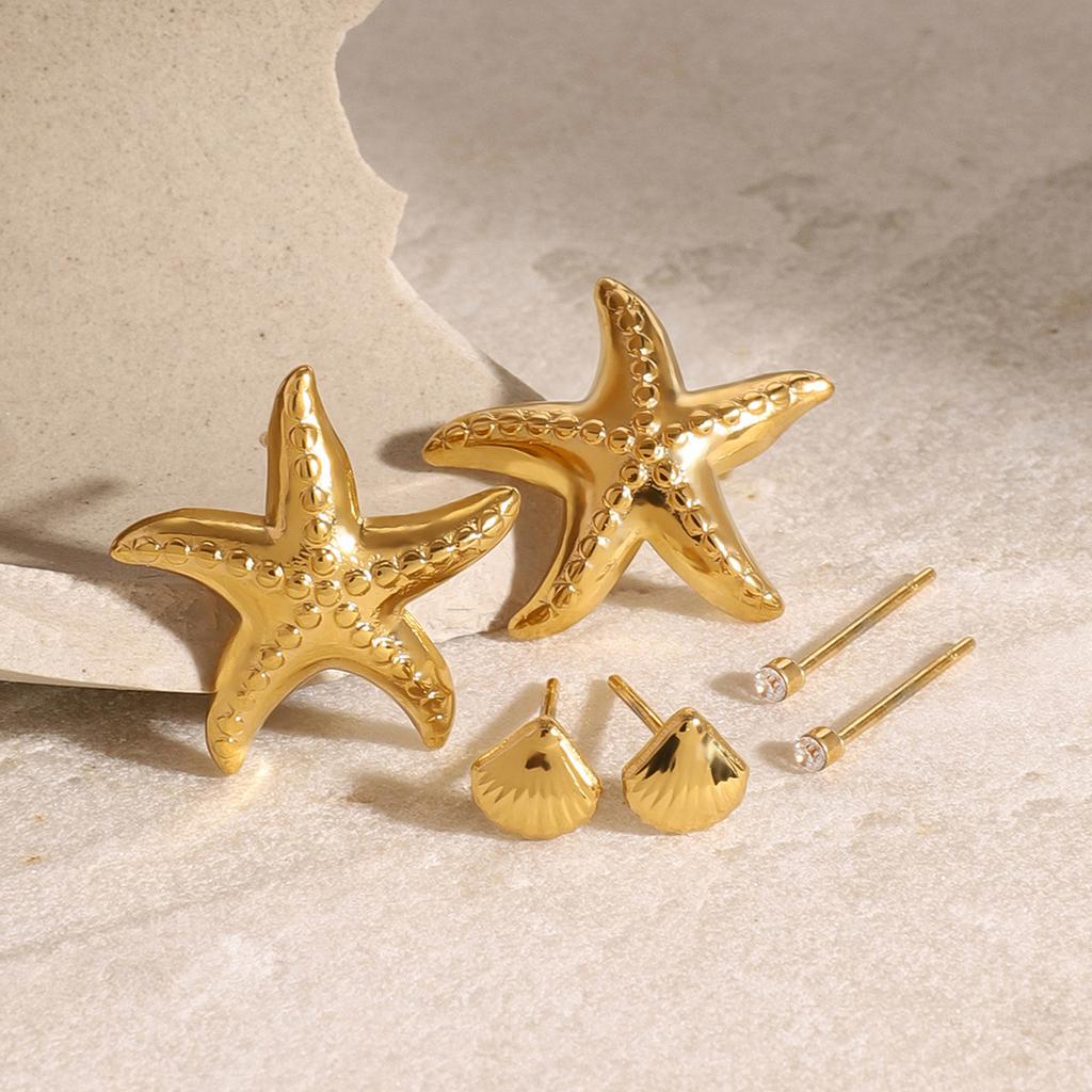 3 Pair Starfish Shell Earrings Set Fashionable Stackable Ear Studs Ocean Inspired Jewelry Accessories for Women