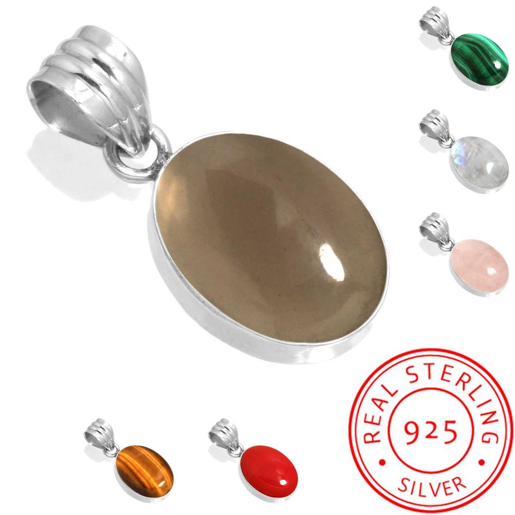 925 Sterling Silver Pendant Women Gemstone Handmade Jewelry Christmas Gift Malachite Moonstone Rose Quartz Red Stone Smoky Topaz Tiger Eye Costume
