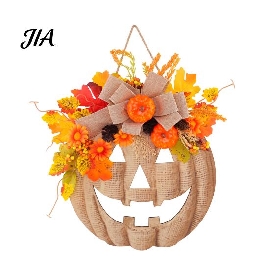 Festival Seasonal Ornament for Kitchen Wooden Pumpkin Halloween Door Sign with LED Lights, Artificial Floral Hanging Decorative Pinecones Fireplace