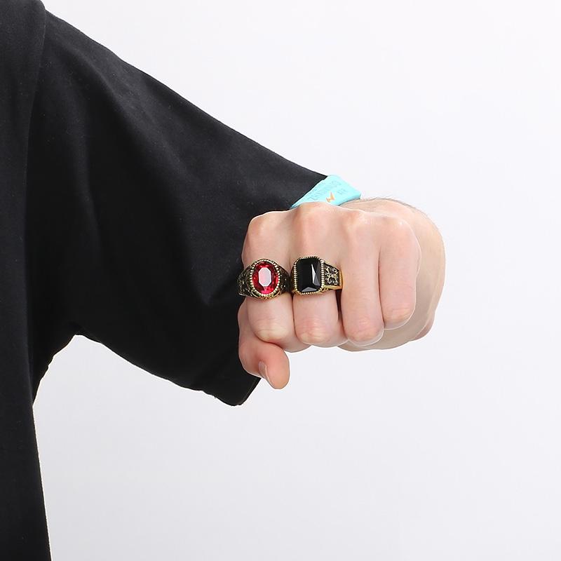 Domineering Vintage Ruby Chunky Ring for Men Stainless Steel Personalized Square Gemstone Ring Gift Trend Jewelry