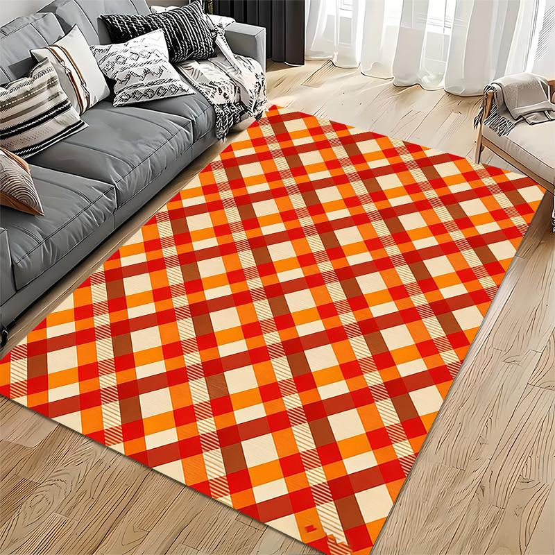 Plaid Pattern Carpet for Living Room, Red Orange and Beige Design Suitable for Use As an Anti-slip for Living Room Bedroom Sofas