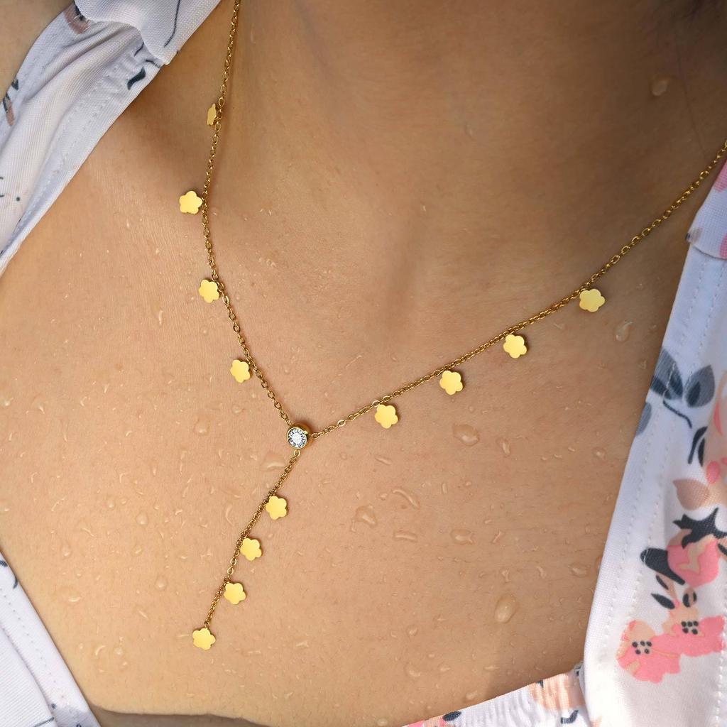 Wind Niche Summer Stainless Steel Flower Zircon Y-Shaped Necklace 18K Gold, Jewelry Nc-2425