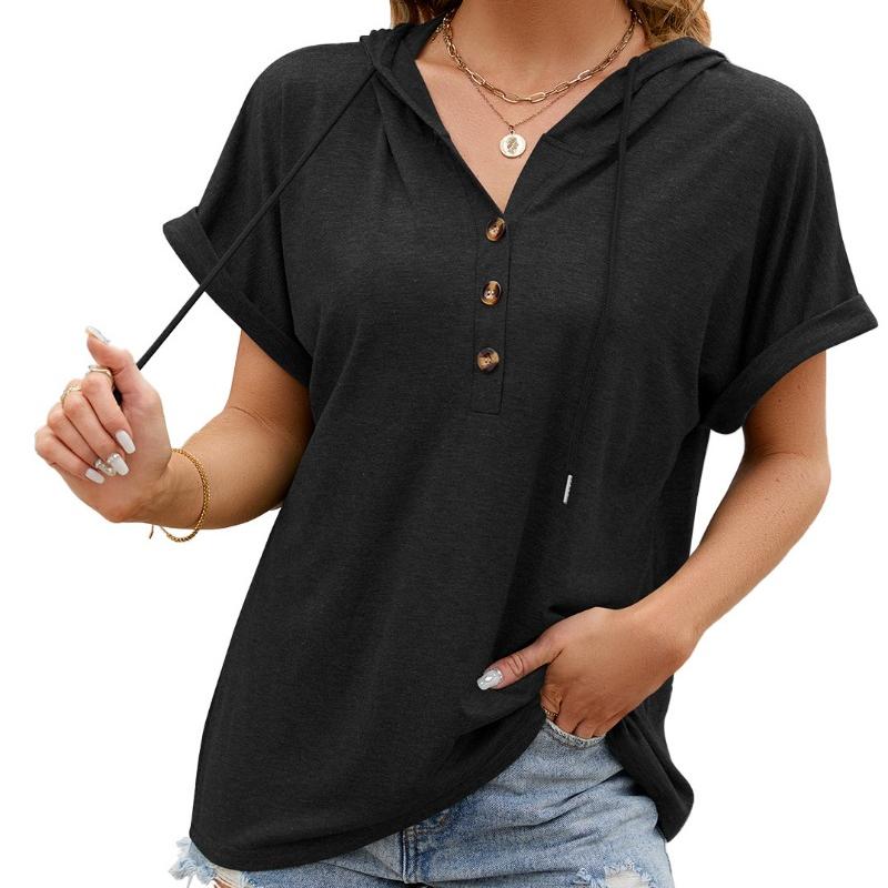 Summer New Solid Color Plus Size Casual T-shirt Women with Hooded Buttons Loose Short Sleeve T Shirt Women Fashion Elegant Lady Tee Tops 24297