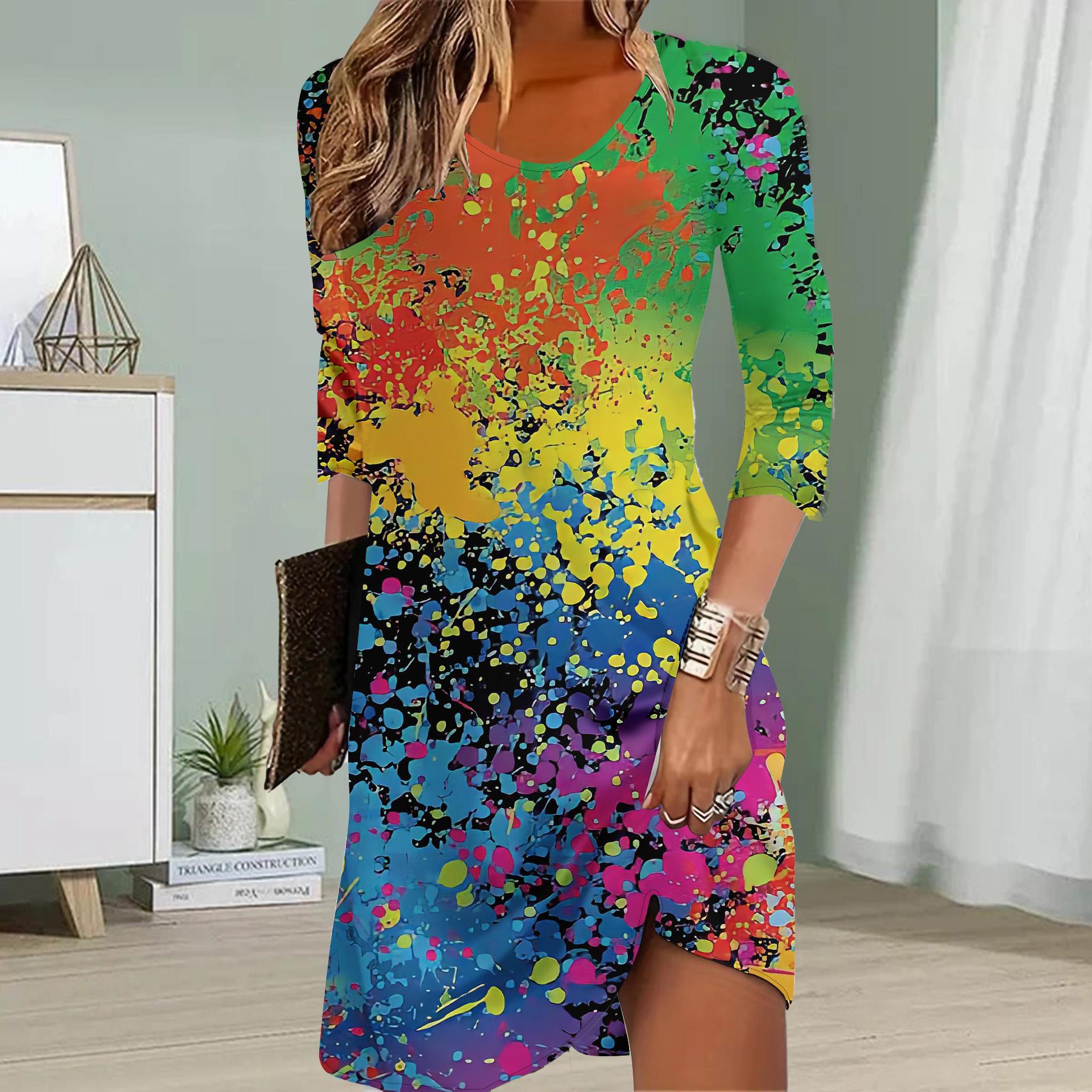 

Женское повседневное платье осеннее платье с принтом Dyestuff для женщин с круглым вырезом и коротким рукавом платье размера плюс 8XL