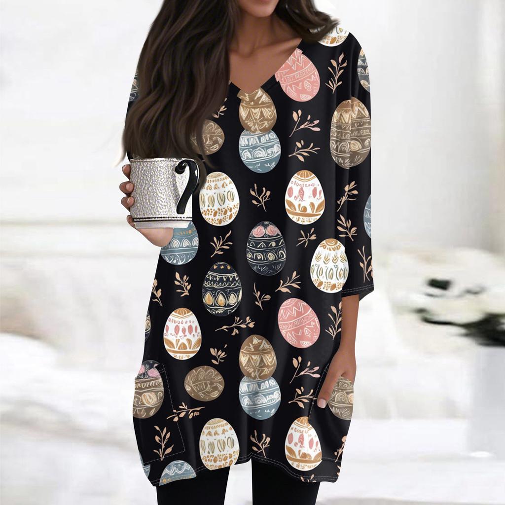 Womens Tops V-neck 3/4 Sleeve Blouses Casual Mid-length Shirts Fashion Print Tunic Tops With Pockets