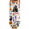 Women's Casual Loose Fit Wide Leg Pants with Halloween Print, Elastic Waist Drawstring for Holiday Party