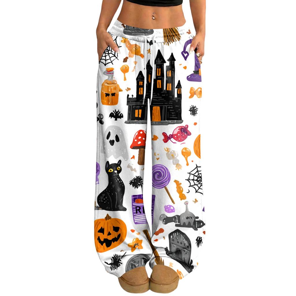Women's Casual Loose Fit Wide Leg Pants with Halloween Print, Elastic Waist Drawstring for Holiday Party