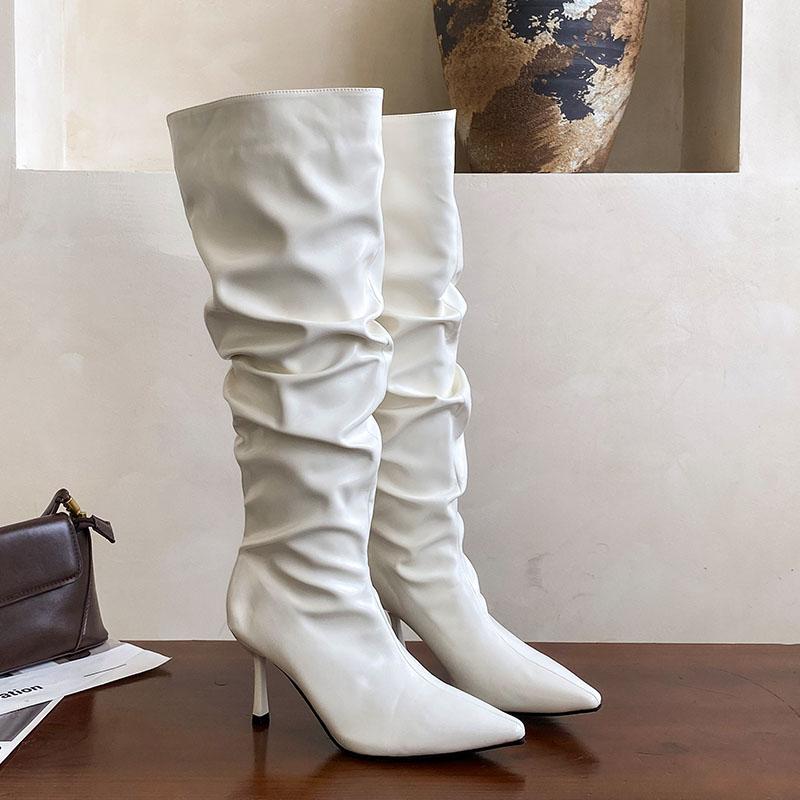 Mode Mode Plissee Party Modern Damen Kniehohe Stiefel Absätze Schuhe Spitze Zehenpartie Damen Lange Stiefel Weibliche Slipper Pumps