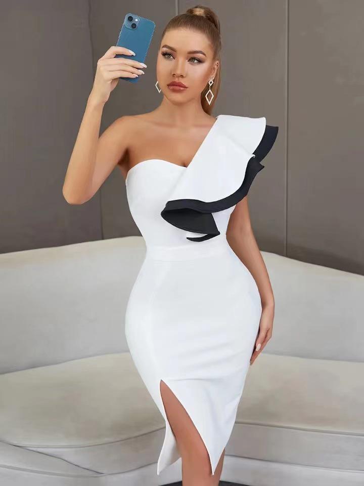 Color-Block One-Shoulder Ruffle Bandage Dress with Slit