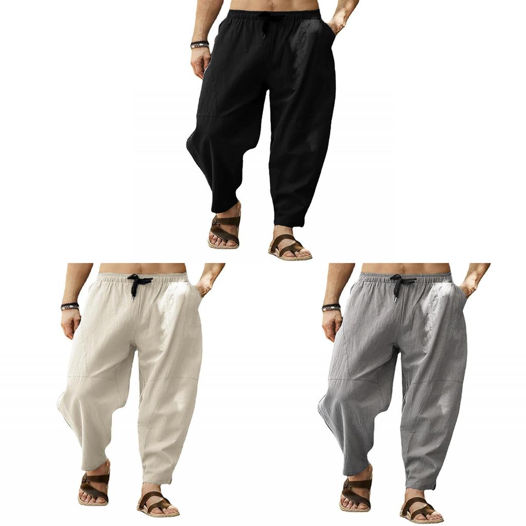 Hip Hop Mens Loose Cotton Linen Drawstring Casual Pants For Urban Style