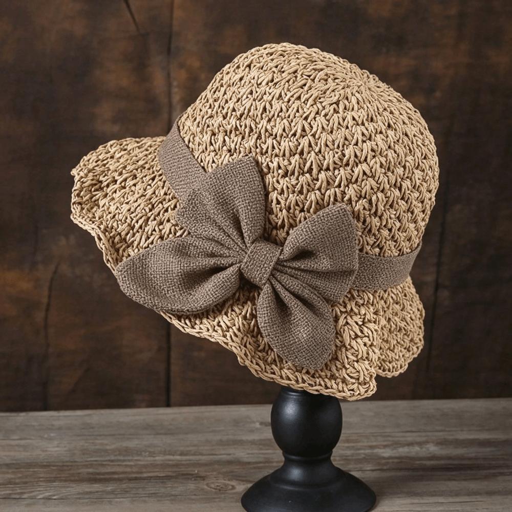 Wide Brim Sunshade Bucket Hat Bowknot Panama Hat Vintage Beach Straw Hat Lady