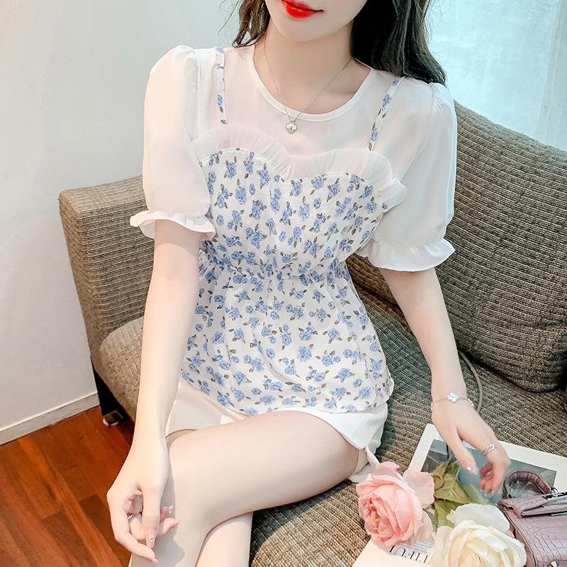 

2024 Женская летняя блузка с цветочным принтом, облегающая талию, с коротким рукавом - Шикарный дизайн «два в одном» 4XL синий