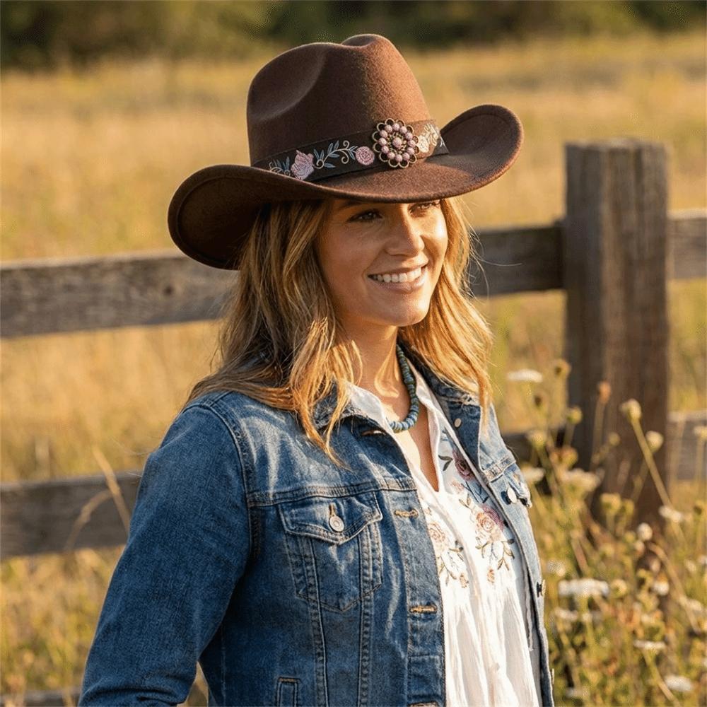 Wide Brim Felt Western Cowboy Hat Floral Embroidery Sun Hat Ethnic Style Fedora Hat Birthday Party