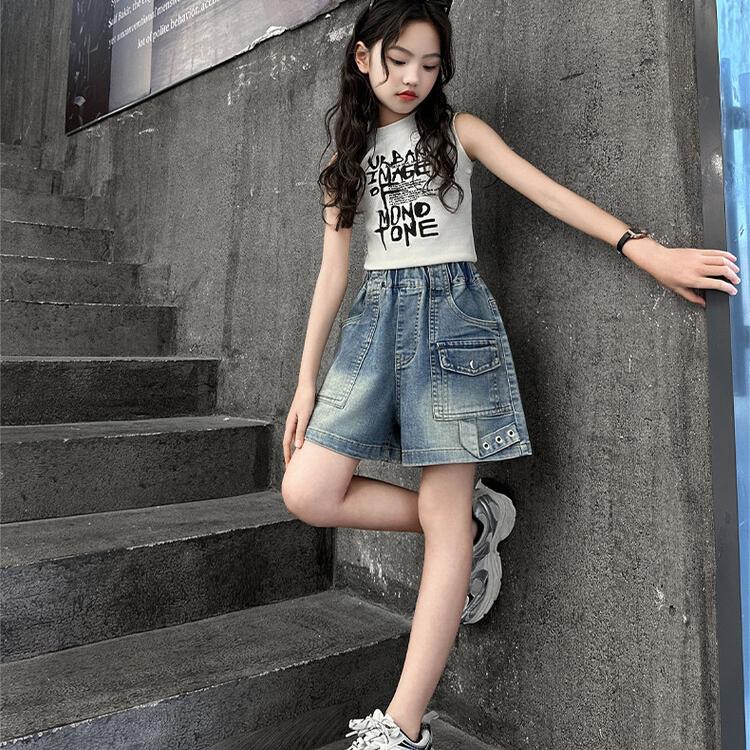 Summer Girls' Denim Shorts Cropped Pants Work Pants Versatile Jean Wide Leg Trendy Versatile Loose Pants for Children