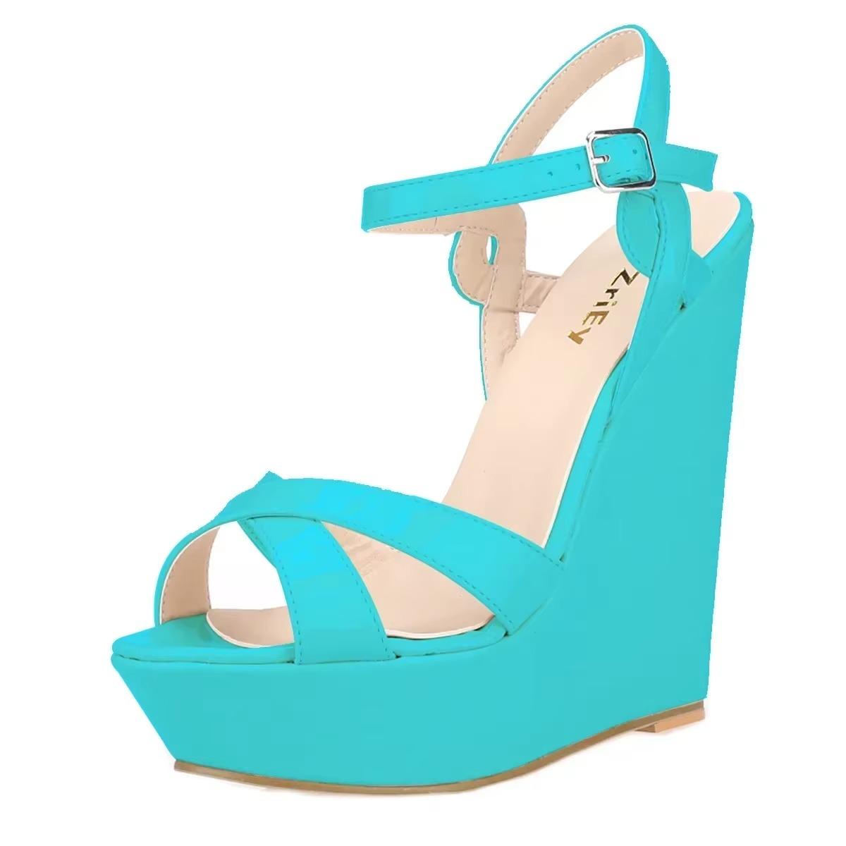 LOSLANDIFEN Offene Spitze Knöchelriemen Plateau Keil Frauen Sandalen 14cm Super High Heels Gladiator Damen Schuhe Schnalle Sommer 35 himmelblaue
