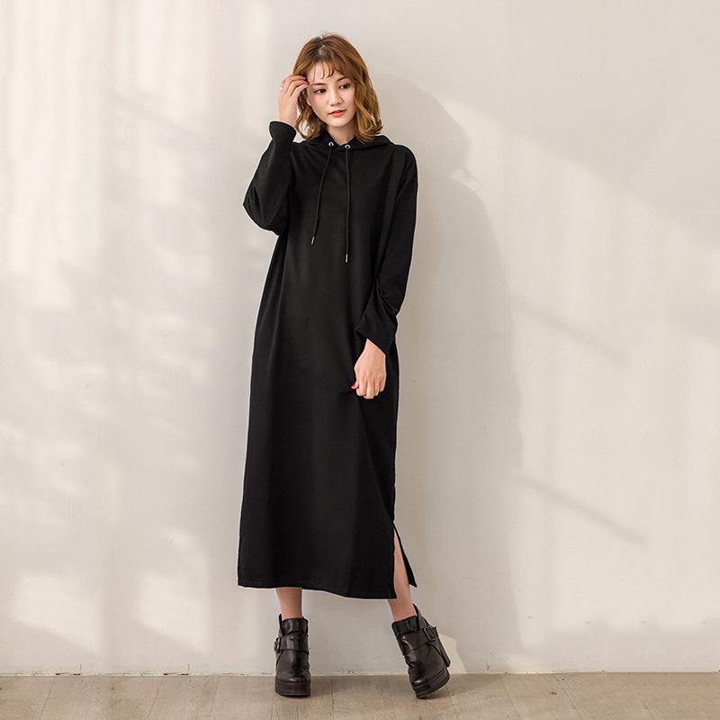 Autumn Winter Oversize Hoodies Women Elegant Lady Long Sweatshirts Dress Solid Loose Korea Casual Vintage Dress Women