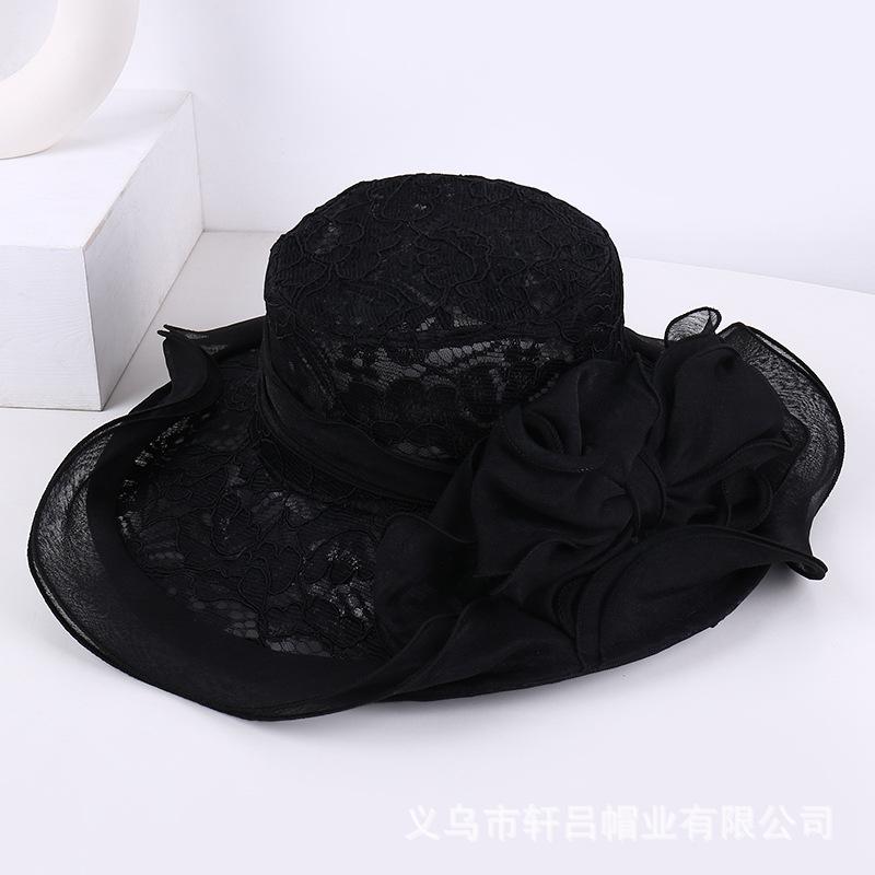European and American breathable bucket hat fashion lace sun hat women's summer thin foldable mesh flower big brim top hat