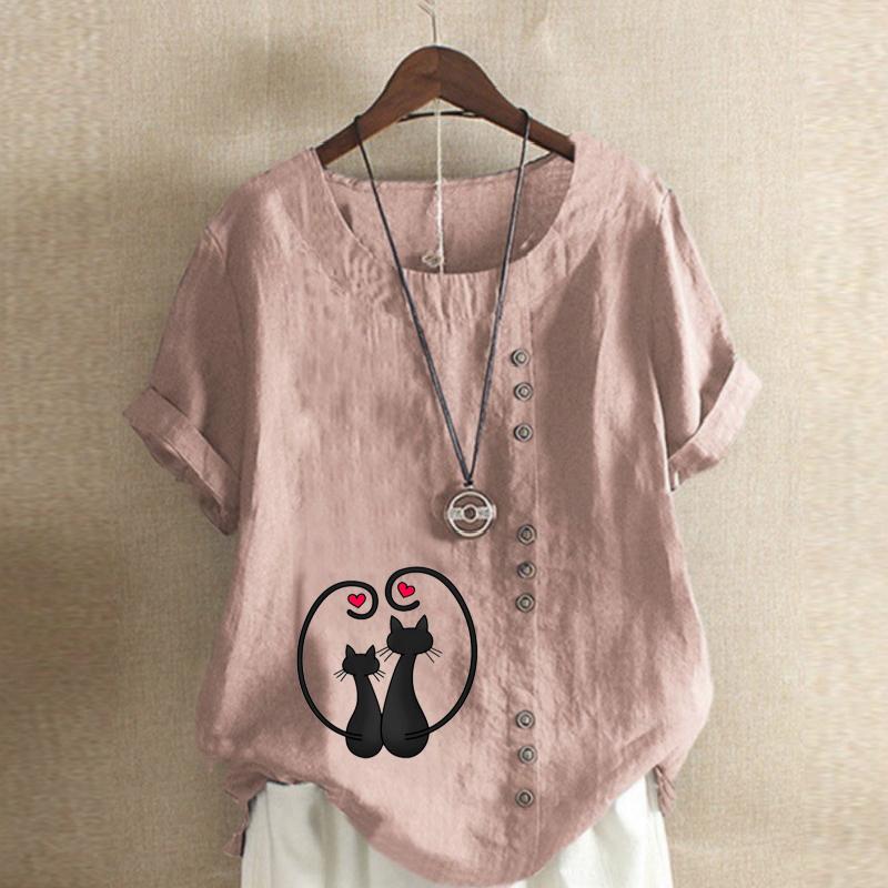 Damenmode Schwarze Katze bedrucktes Kurzarm-T-Shirt Locker Baumwollhemd Lässige lockere Sommerbluse Übergrößen-Tops