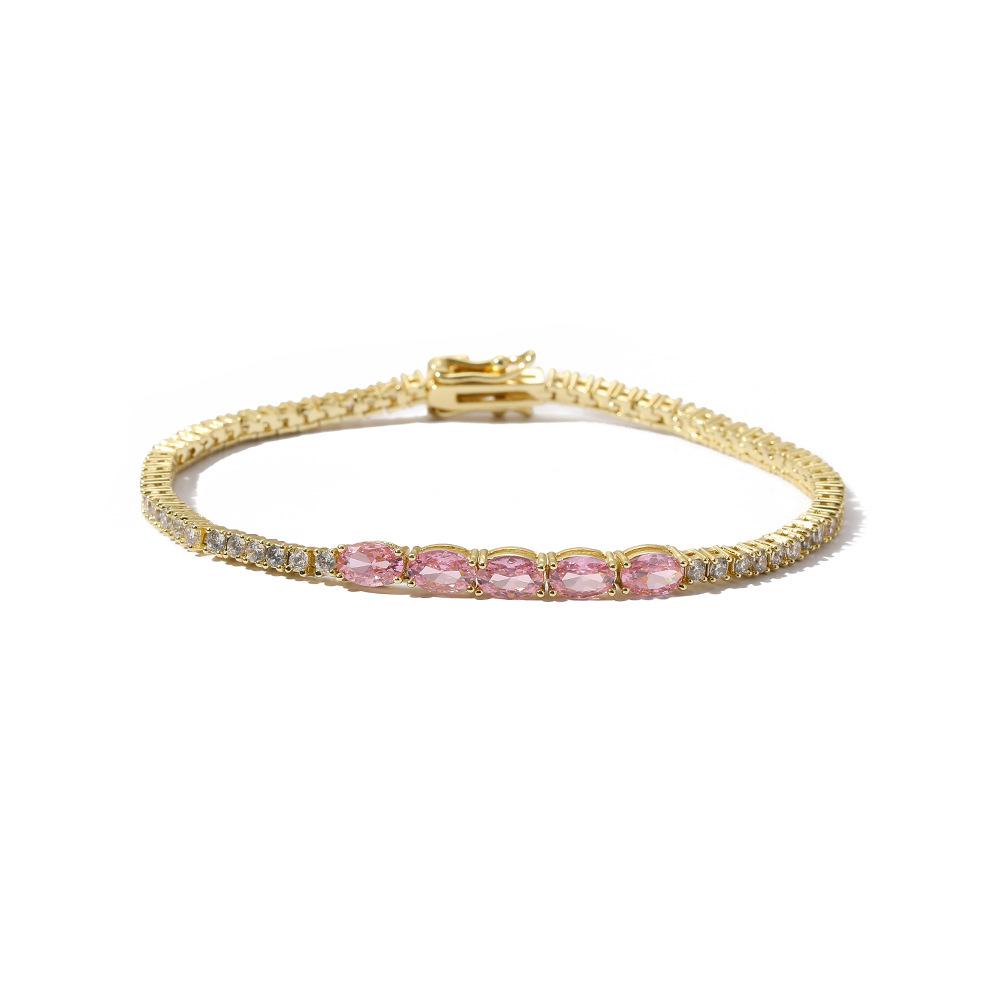 Rosa Oval Messing Mikro-Pavé Zirkonia Tennisarmband Damen Glänzend Bling Mode Handgelenkkette Schmuck
