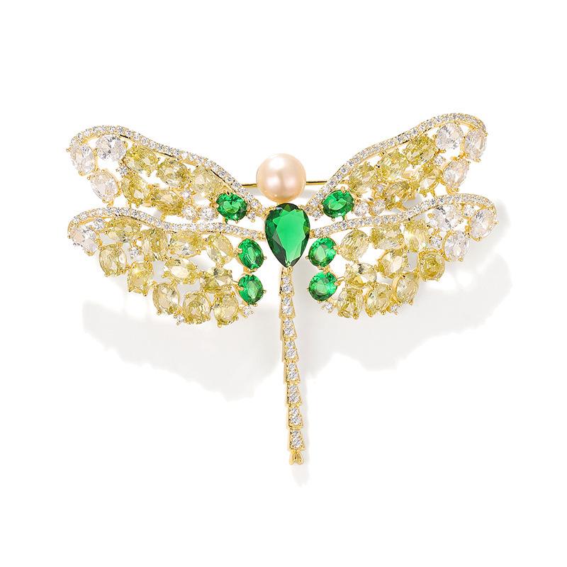 Vibrant Zircon Dragonfly Brooch with Freshwater Pearl - High-End Korean Style Corsage Accessory