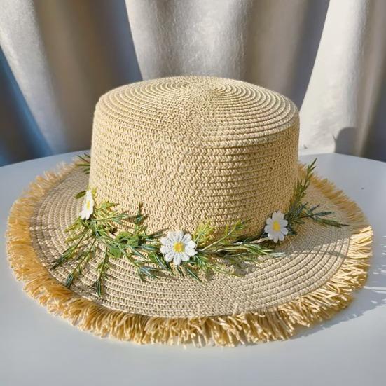 Sun Hat Wide Brim Floppy Edges Breathable Woven Straw Hat with Chrysanthemum Garland Lightweight Summer Beach Travel Hat