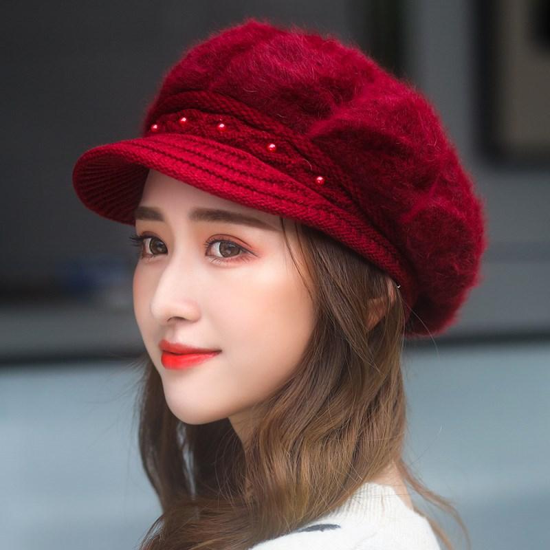 Mother's Hat Women's Autumn and Winter Fashion Versatile Velvet Thickened Ear Protection Warm Hat Rabbit Fur Knitted Wool Beret