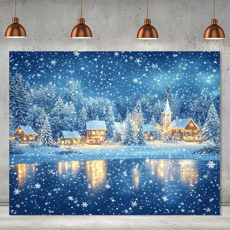 2D Falling Snow Winter Town Lake Glowing House Tapestry Holiday Home Decor Background Fabric