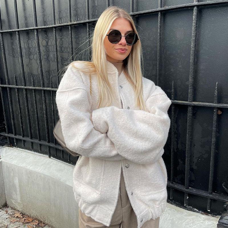 

Модная однотонная куртка на пуговицах, женская повседневная свободная куртка с длинным рукавом, дизайнерская куртка-пилот, осенний воротник-стойка, теплая верхняя одежда L белый