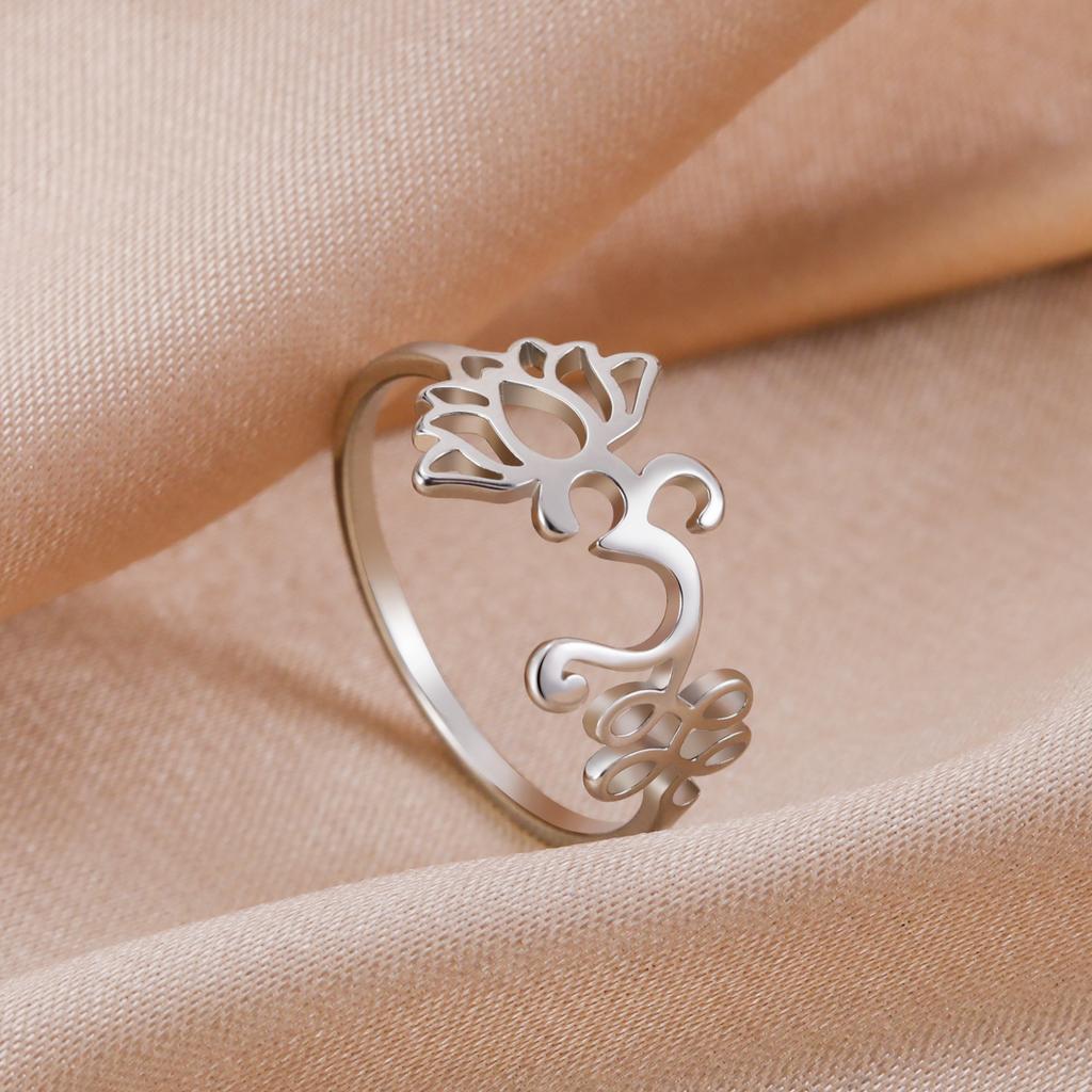 Lemegeton Lotus Flower OM Unalome Symbol Yoga Rings for Women Stainless Steel Buddhism Finger Rings Jewelry for Women
